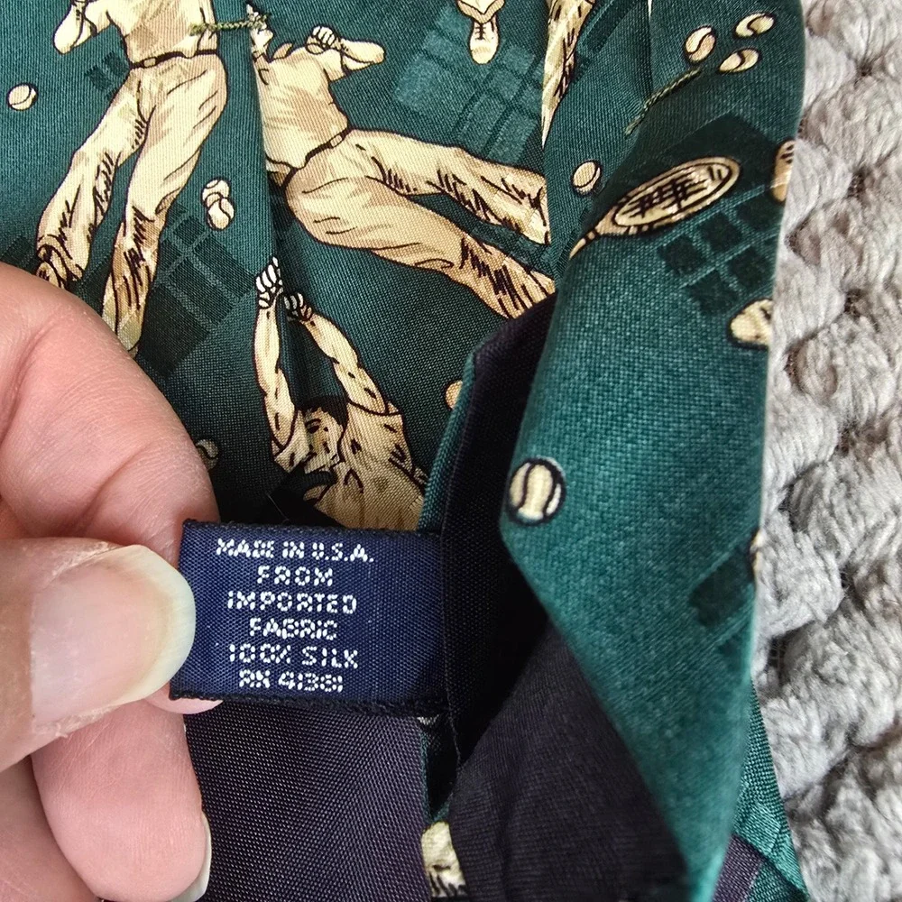 VTG Polo by Ralph Lauren Neiman Marcus Green Silk Tie Tennis Player Sporty